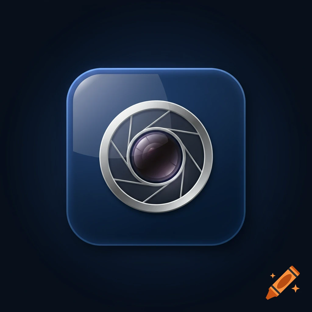 A glossy blue camera app icon with a silver lens aperture in the center.
