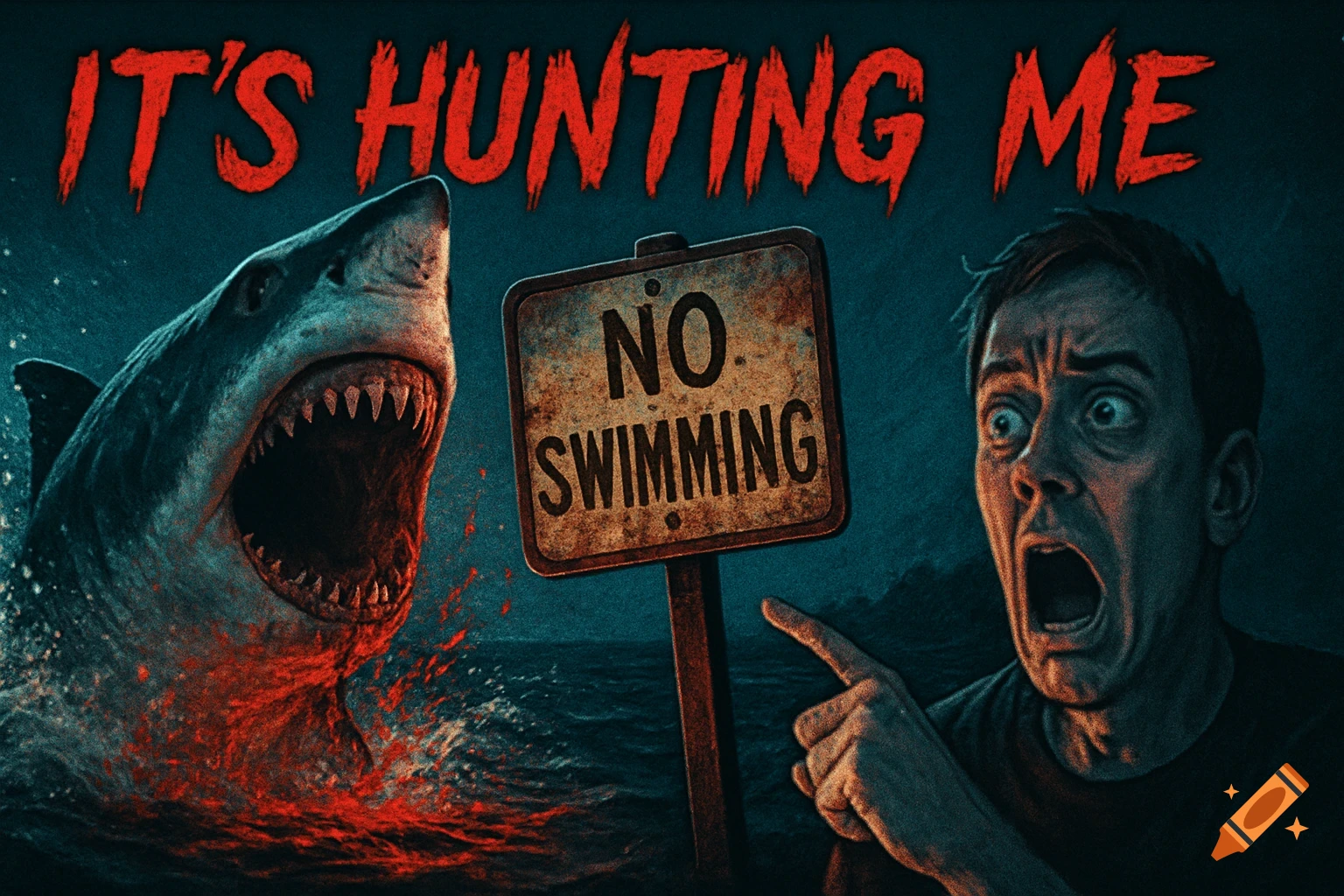 A stylized horror image showing a large shark with an open mouth and blood, a 'NO SWIMMING' sign, and a terrified man pointing.