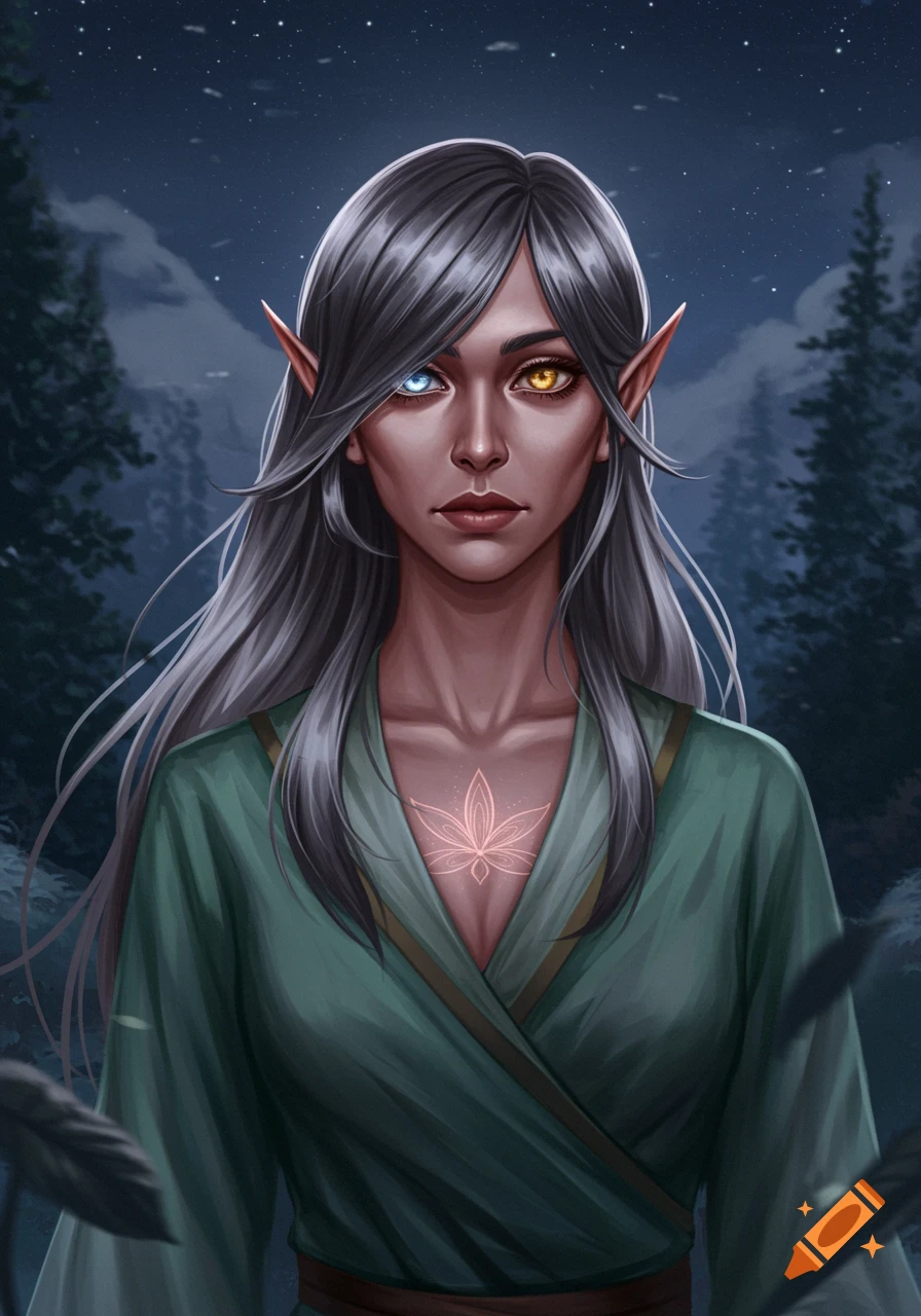 A fantasy portrait of an elf with long silver hair, heterochromia eyes, and a glowing symbol on her chest, standing in a dark forest.