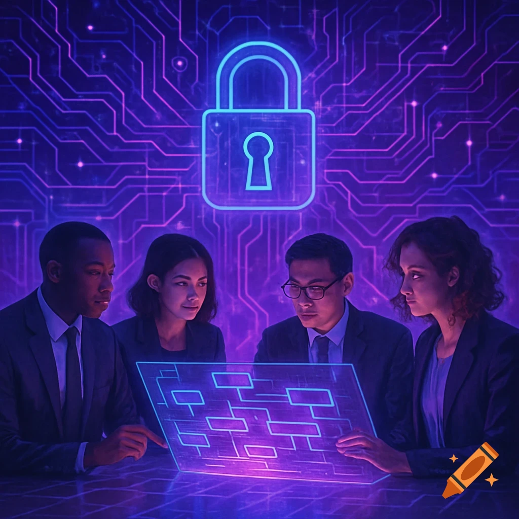 Four diverse business professionals in suits observe a glowing blue and purple holographic flowchart, with a large glowing padlock and circuit board patterns in the background, symbolizing cybersecurity.