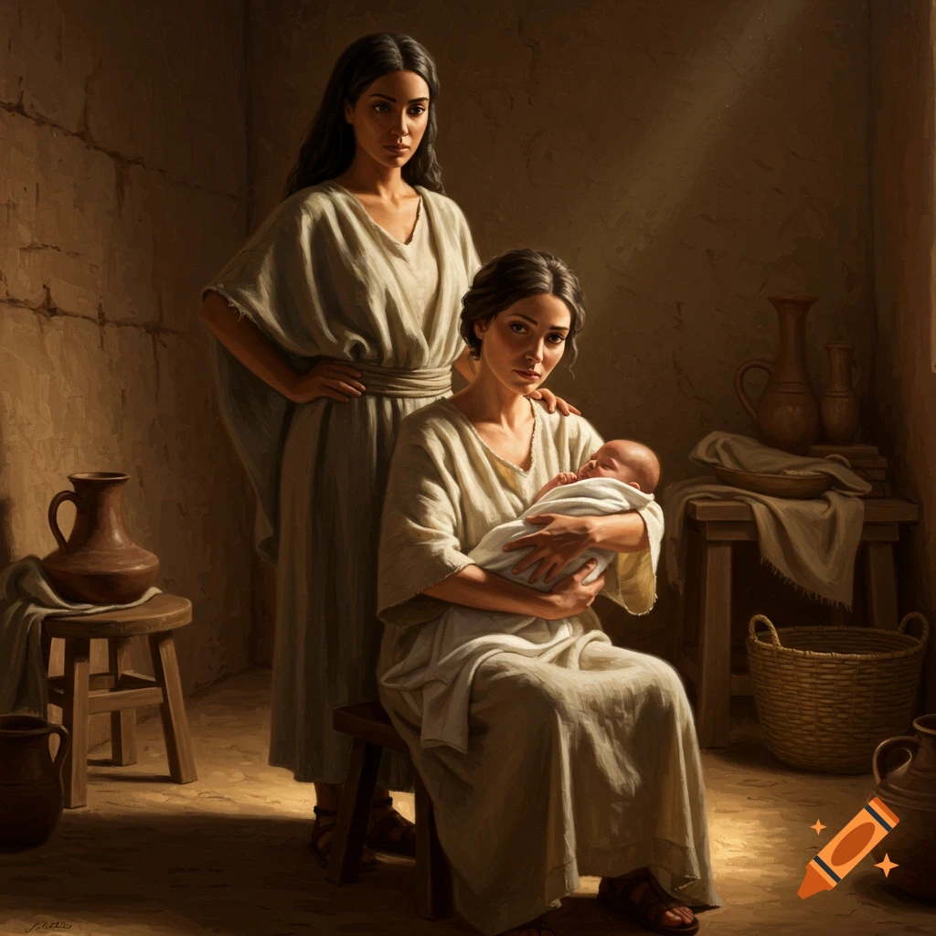 A realistic, softly lit painting of two women in ancient attire in a humble room; one seated holding a baby, the other standing protectively.