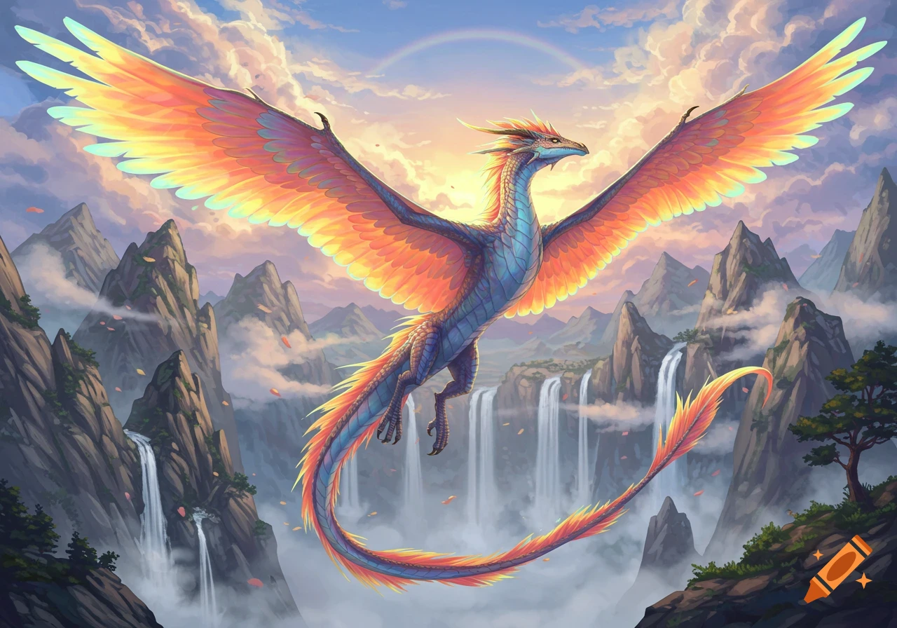 A vibrant winged dragon with orange and blue scales soars above majestic mountains with waterfalls under a rainbow sky at sunset.