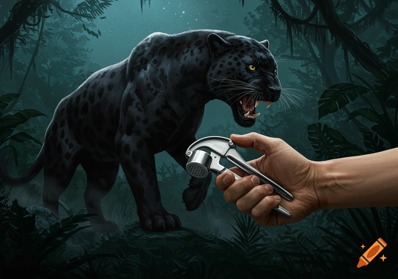 A dark jungle scene with a roaring black panther facing a human hand holding a silver garlic press.