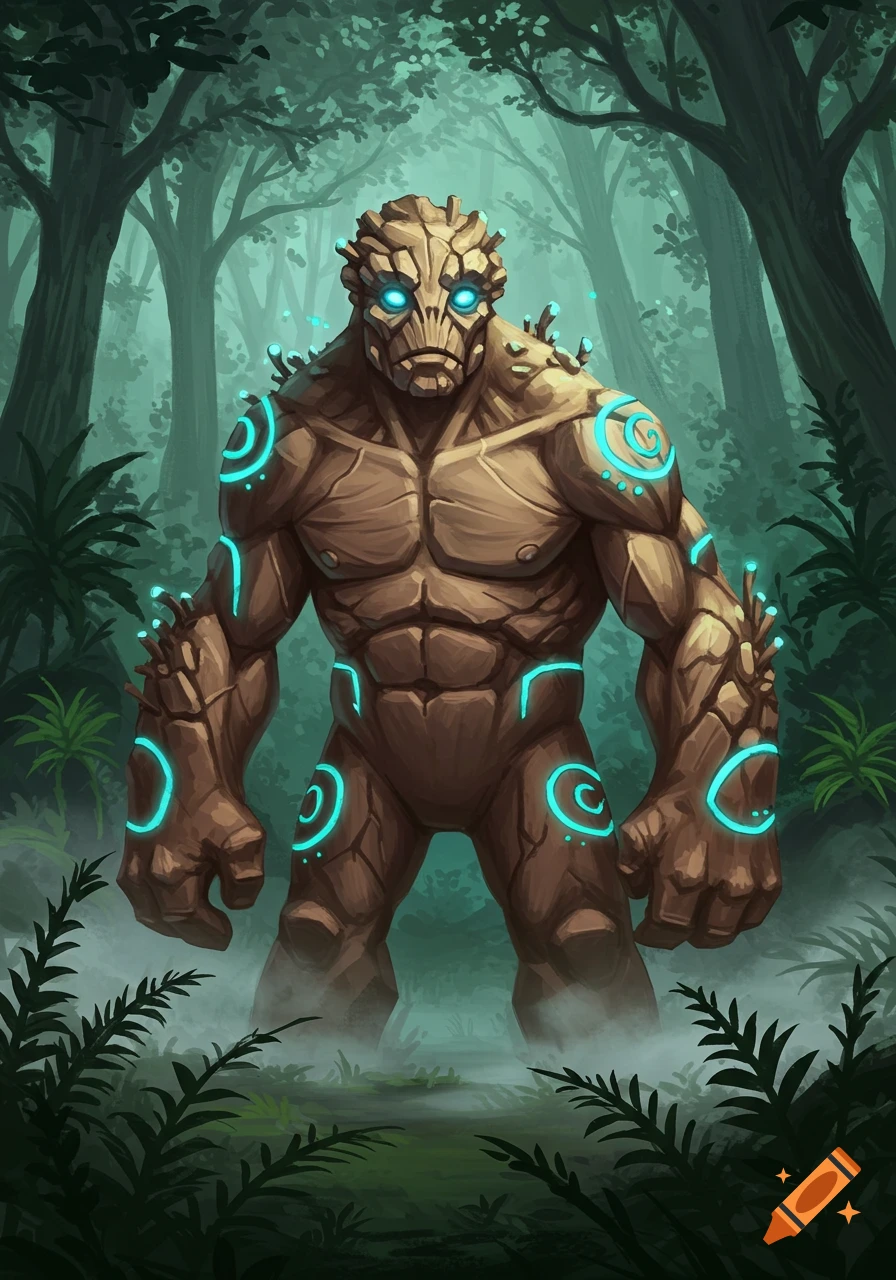 A powerful rock golem with glowing blue eyes and patterns stands in a misty, green forest.