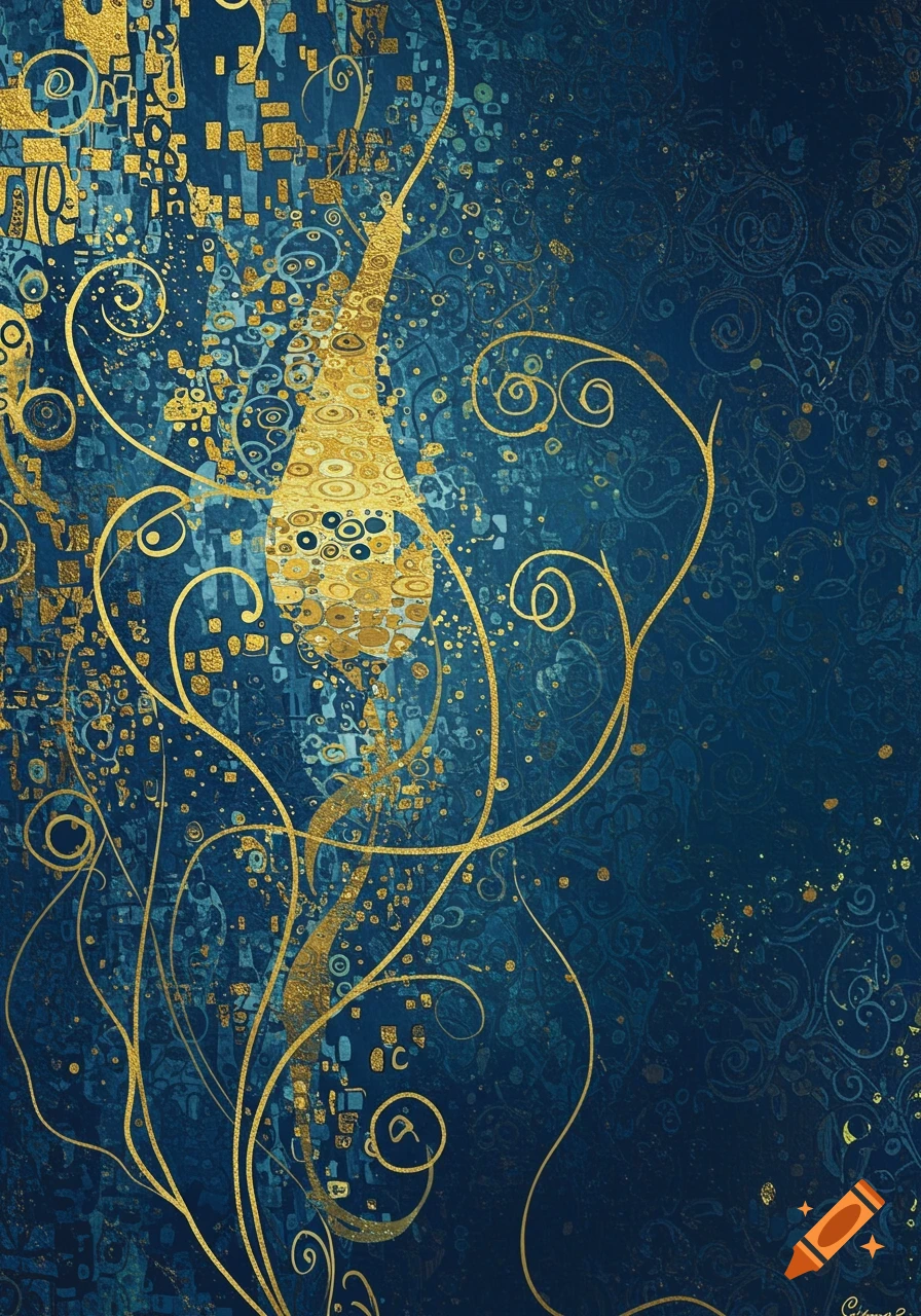 Abstract art in Gustav Klimt style, featuring swirling gold lines, patterns, and geometric shapes on a dark blue background.
