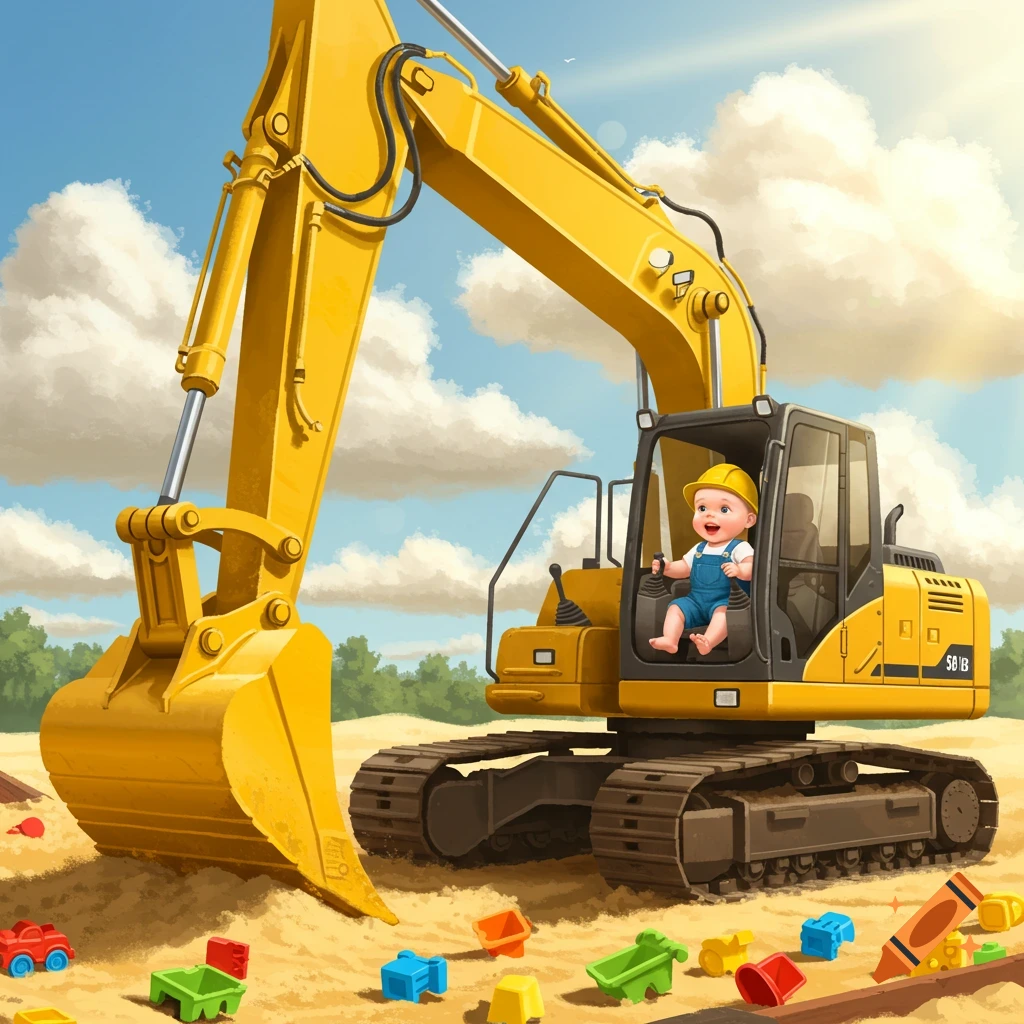 A cartoon baby in a yellow excavator on a sandy construction site with colorful toy blocks under a blue sky.