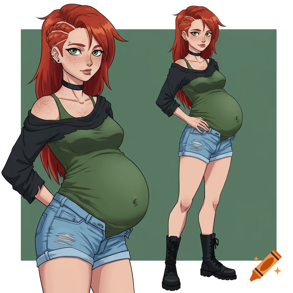 Anime illustration of a pregnant woman with red hair, freckles, a green top, ripped denim shorts, and black boots, shown in two poses.