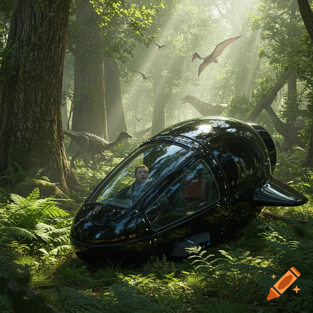 A photorealistic image of a black futuristic pod with a person inside, crashed in a dense jungle surrounded by dinosaurs and flying pterodactyls.