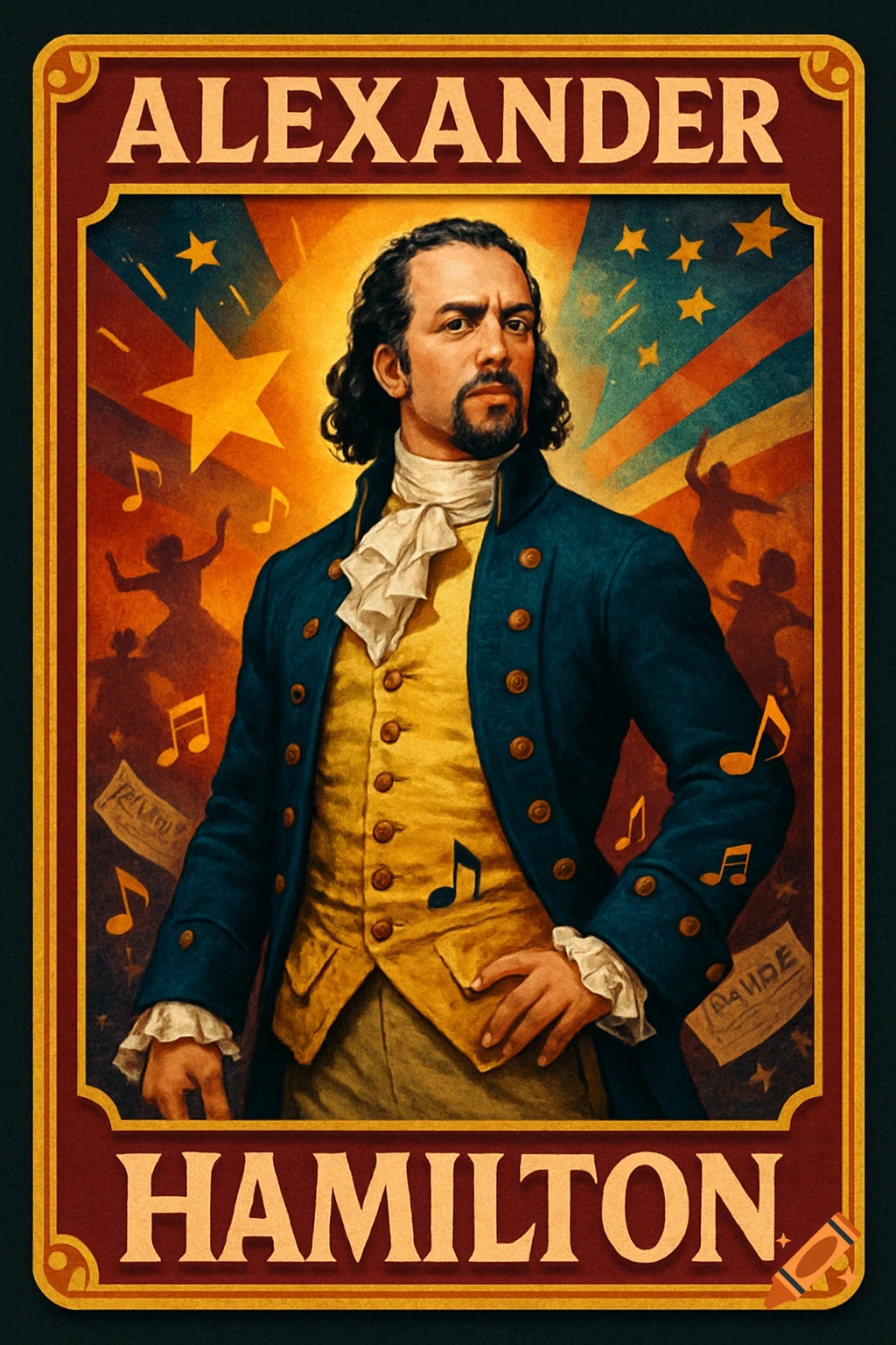 Stylized portrait of Alexander Hamilton in period clothing, framed by a red border with "ALEXANDER" and "HAMILTON" text. Background has stars and musical notes.