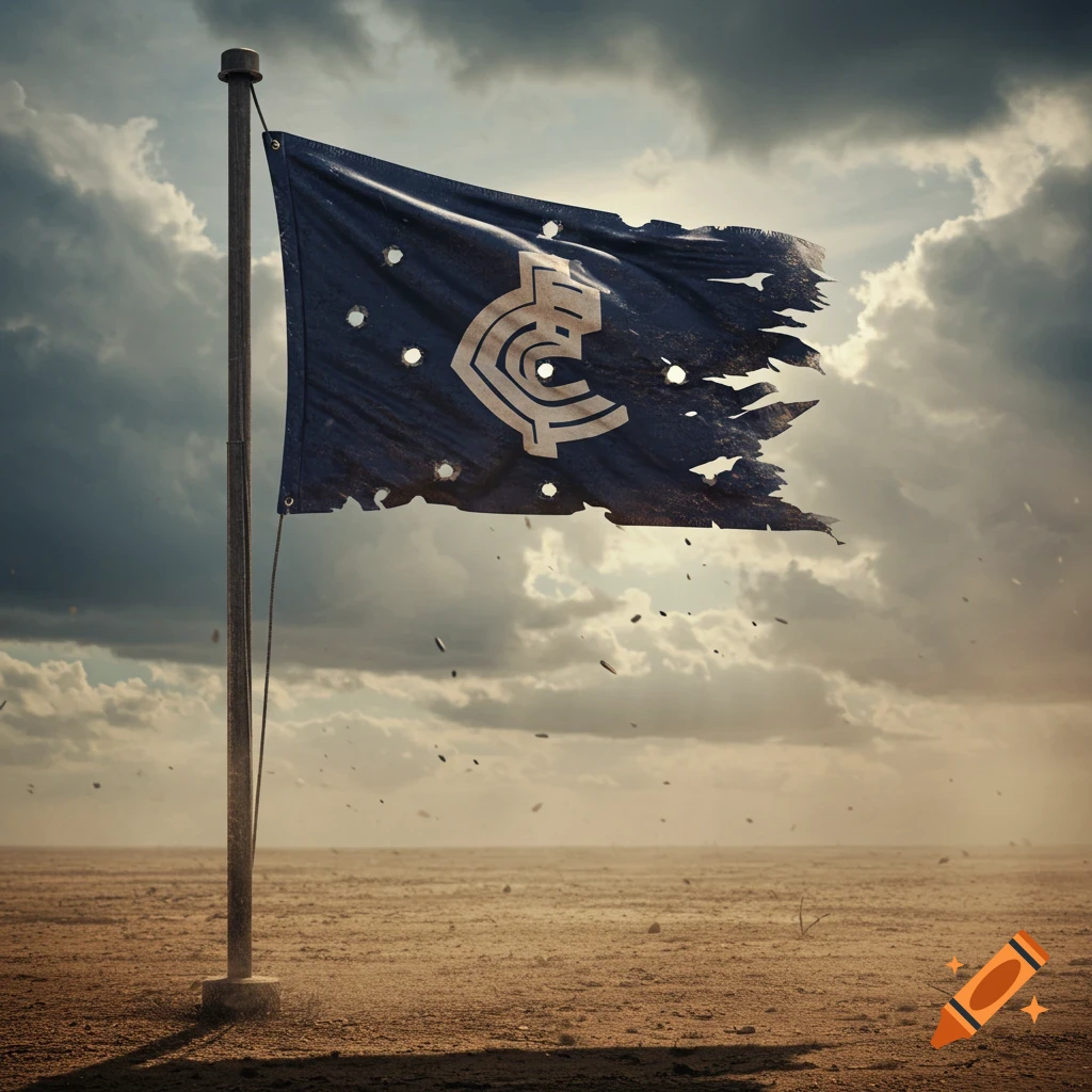 A tattered, dark blue Carlton AFL football club flag with bullet holes flies from a pole in a desolate, sandy landscape under a stormy sky.