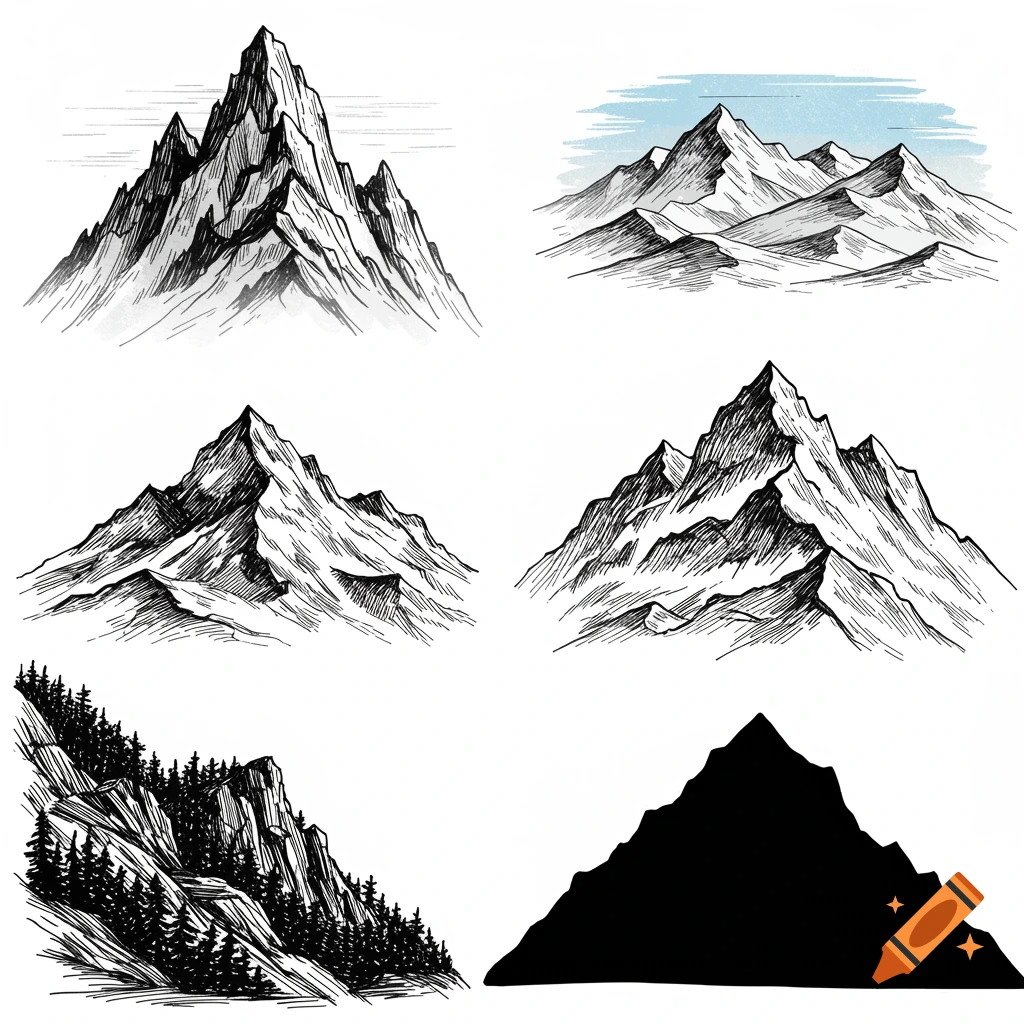 Six unique hand-drawn ink sketch illustrations of various mountains, including peaks, landscapes, and a silhouette.