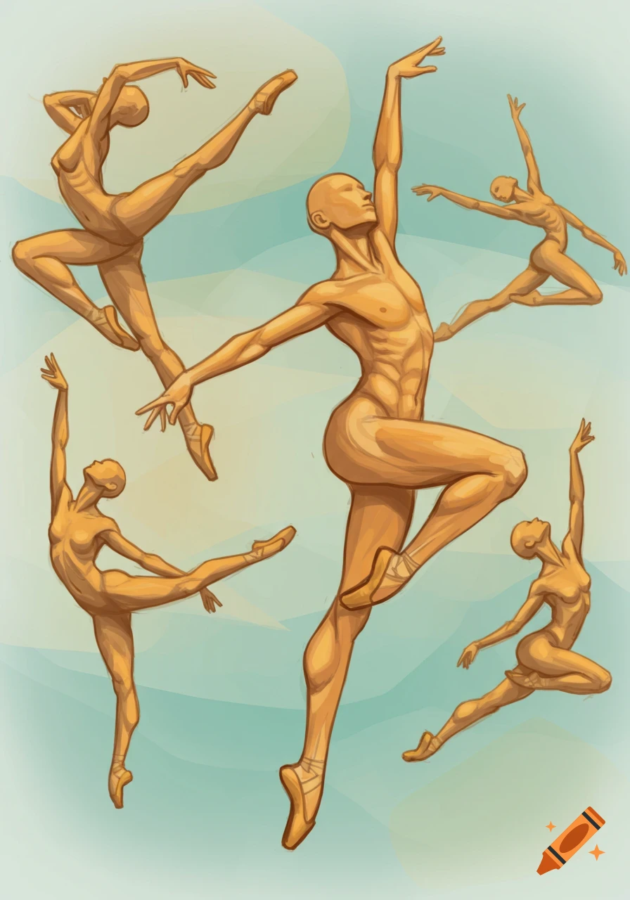 Multiple artistic nude figures in various ballet poses against a light blue background.