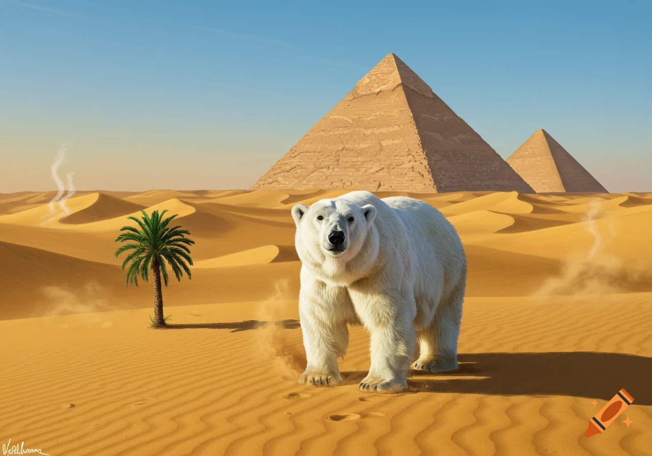 A polar bear stands in a vast desert with sand dunes, a single palm tree, and three ancient pyramids under a clear blue sky.