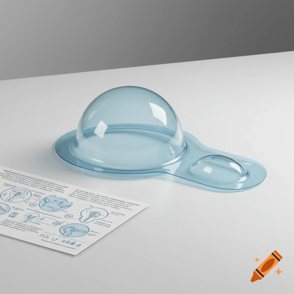 A translucent blue cervical cap on a white surface, with an instruction sheet showing diagrams next to it.