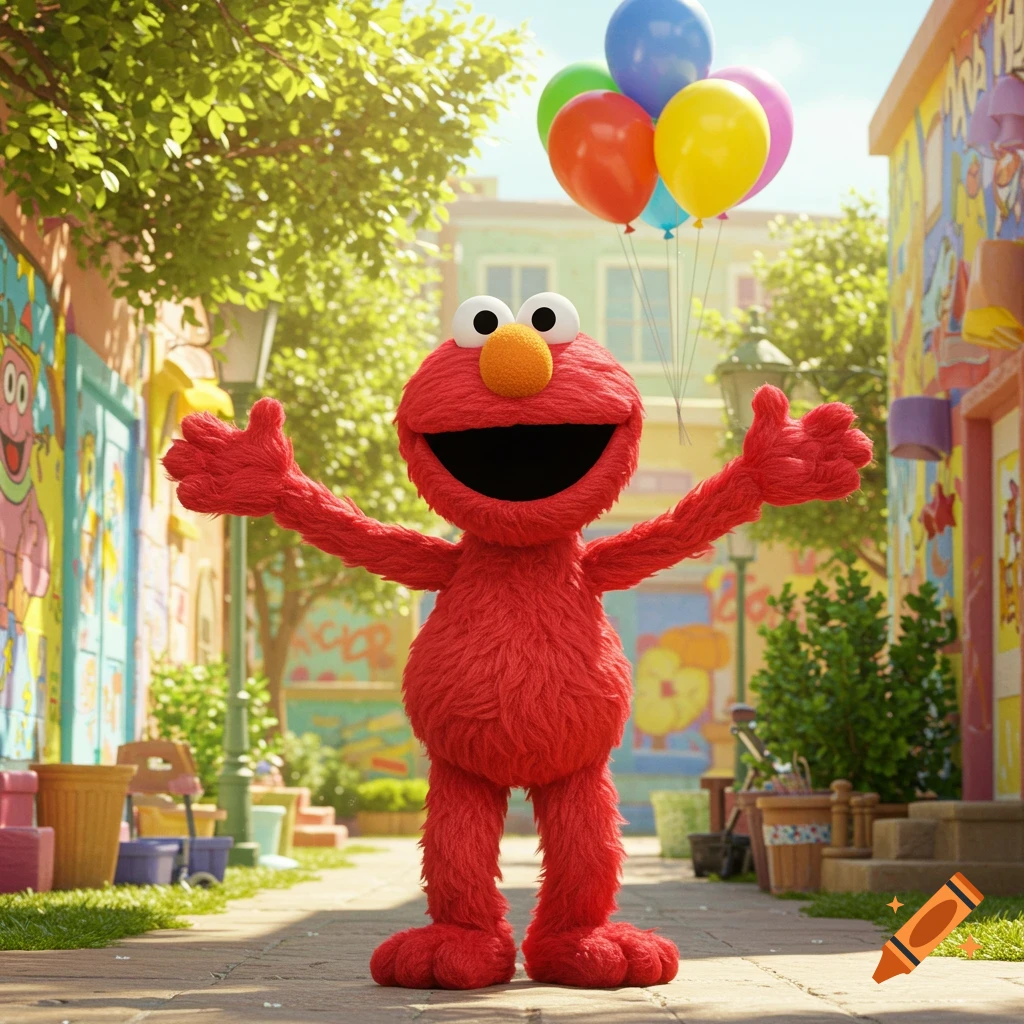 A happy, red Elmo stands on a sunny, colorful street with arms outstretched, holding balloons.