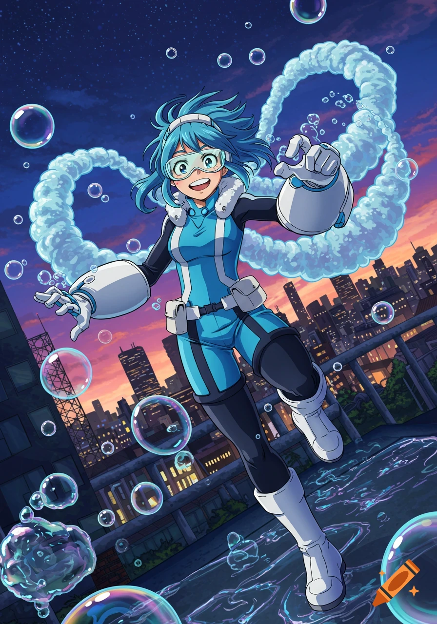 An anime girl with blue hair and goggles in a blue and black superhero suit creates bubbles over a city at sunset.