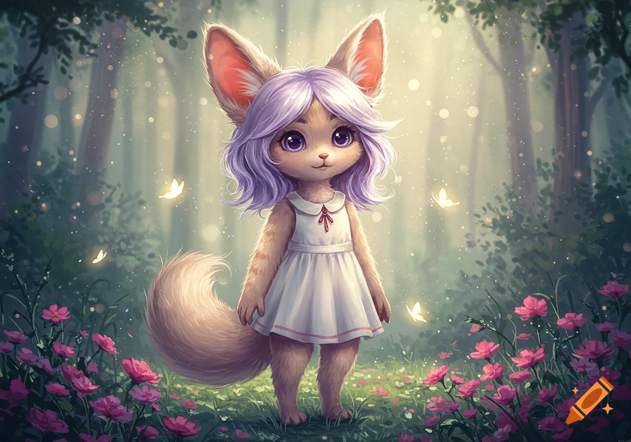 A cute furry creature with large ears and purple hair in a white dress stands in an enchanted forest with pink flowers and glowing butterflies. Whimsical illustration.