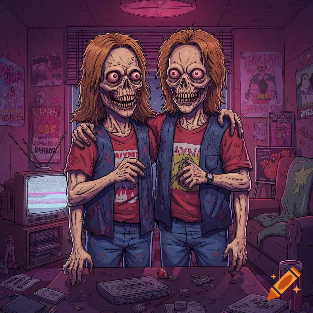 An illustrated cartoon depicting two skeletal-faced figures with red eyes and reddish-brown hair, wearing red t-shirts and denim vests, standing in a purple-hued retro room with posters and a CRT TV.