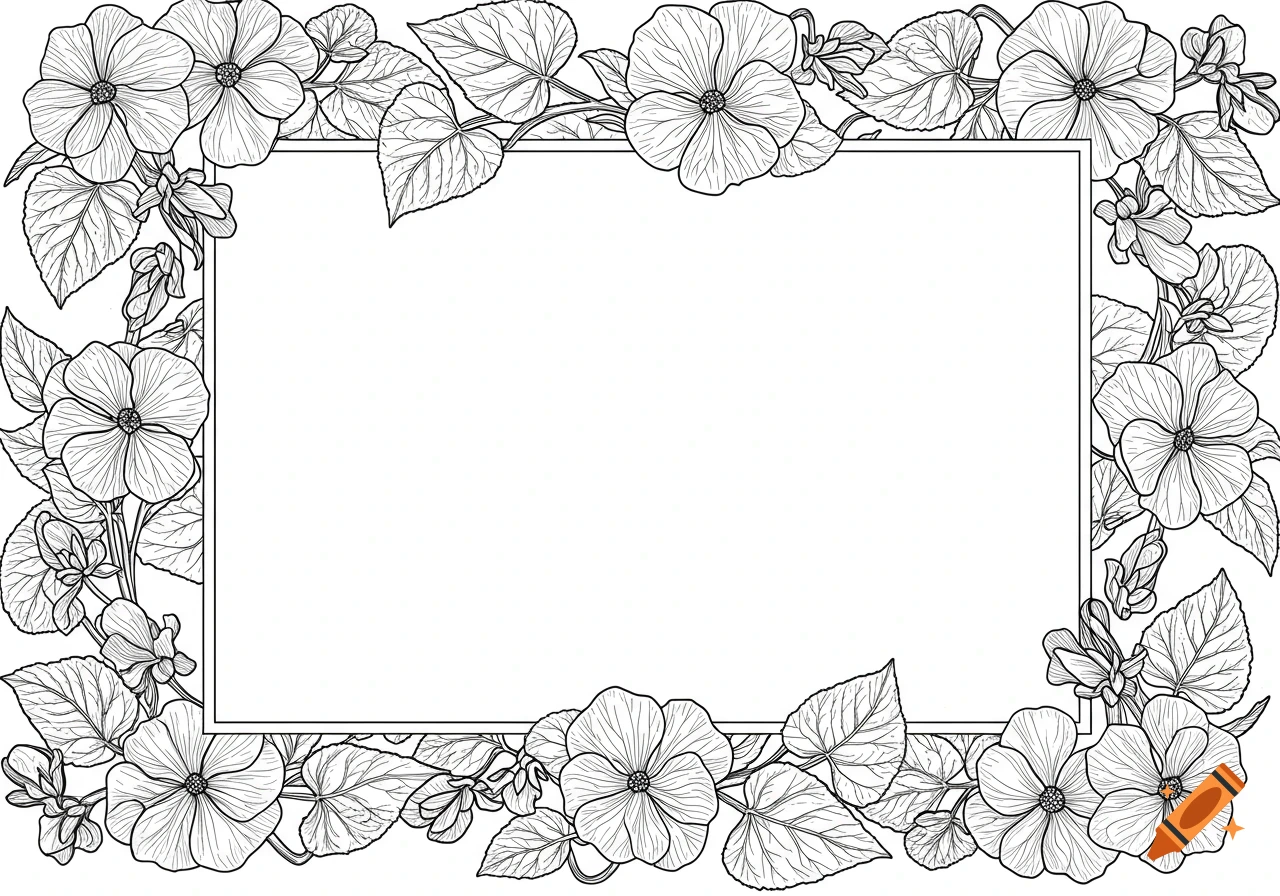 A black and white line art frame with violets and leaves around a blank rectangle, perfect for a coloring page.