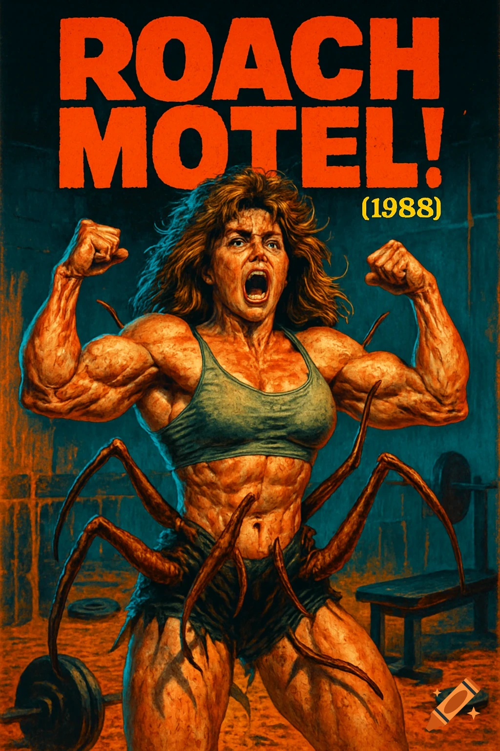 A horror movie poster for 'ROACH MOTEL!' featuring a muscular woman transforming into a cockroach in a gym.