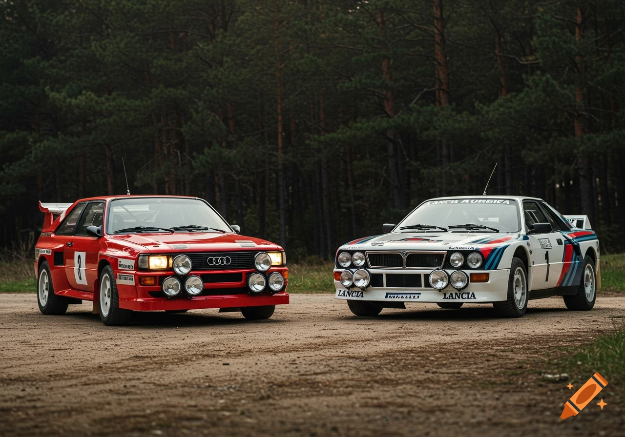 Two classic rally cars, a red Audi Sport Quattro and a white Lancia 037, parked on a dirt road in a forest.