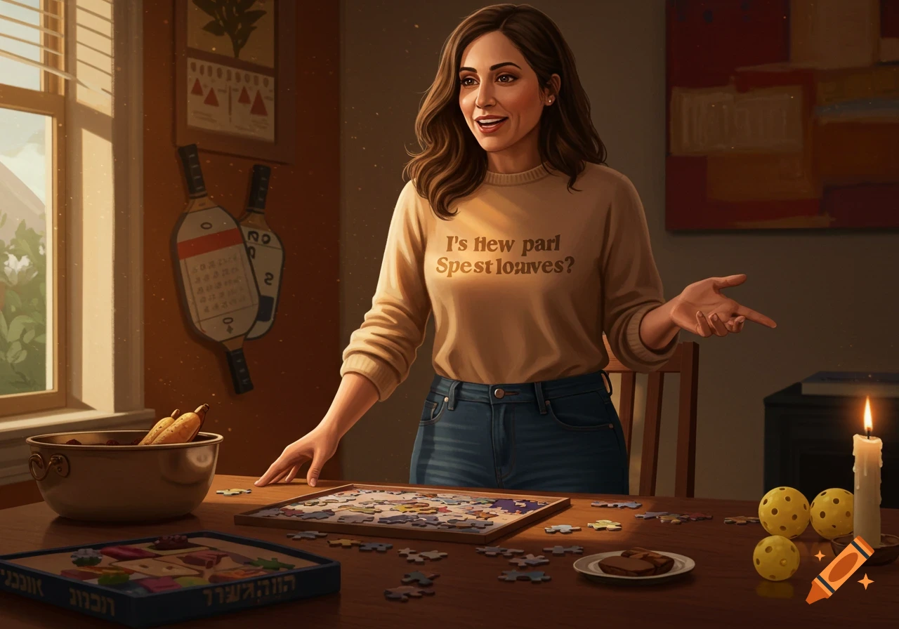 A woman with brown hair smiles while standing at a table with a jigsaw puzzle, a bowl of food, and a lit candle, with pickleball paddles on the wall.