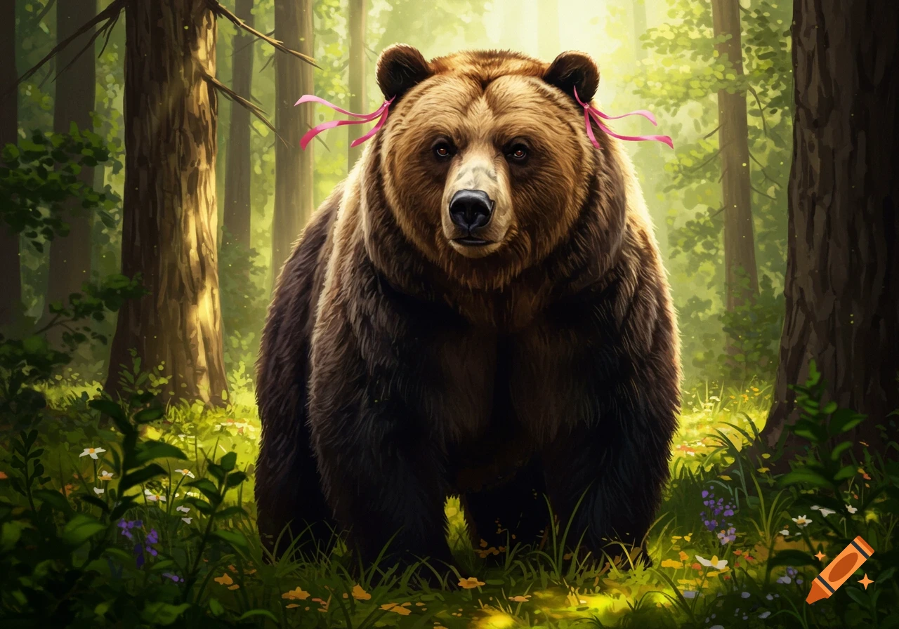 A brown bear with pink ribbons stands majestically in a sunlit forest, digital painting style.