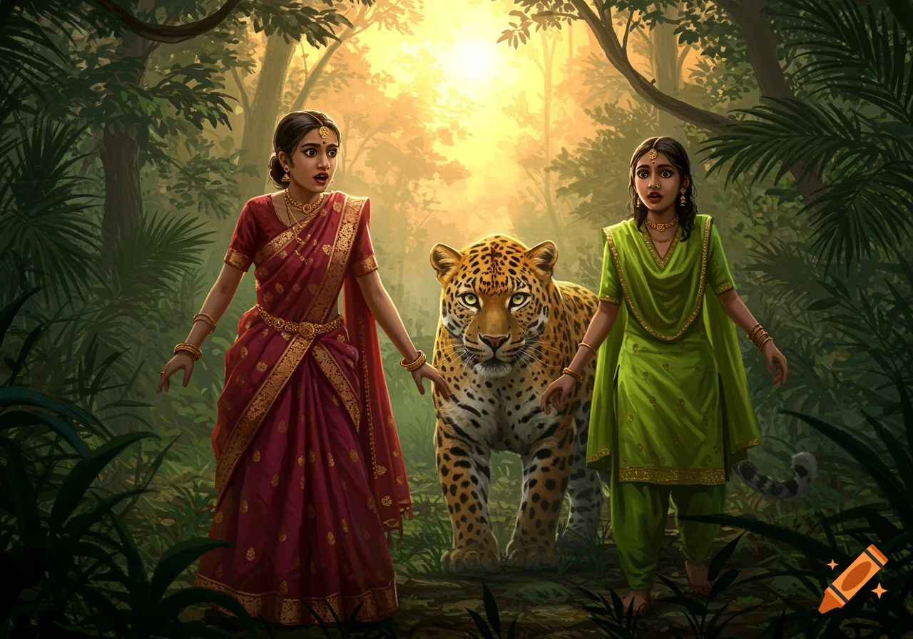 Two Indian girls in a jungle looking scared at a leopard in a vibrant, illustrative style.