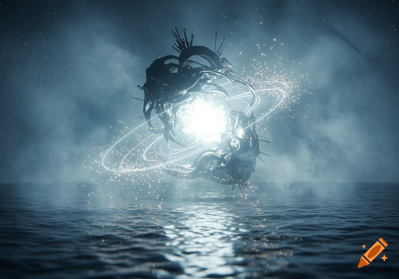 An abstract, dark metallic orb with a bright glowing core and orbiting light rings floats above dark, rippling water in a misty, dark blue environment.