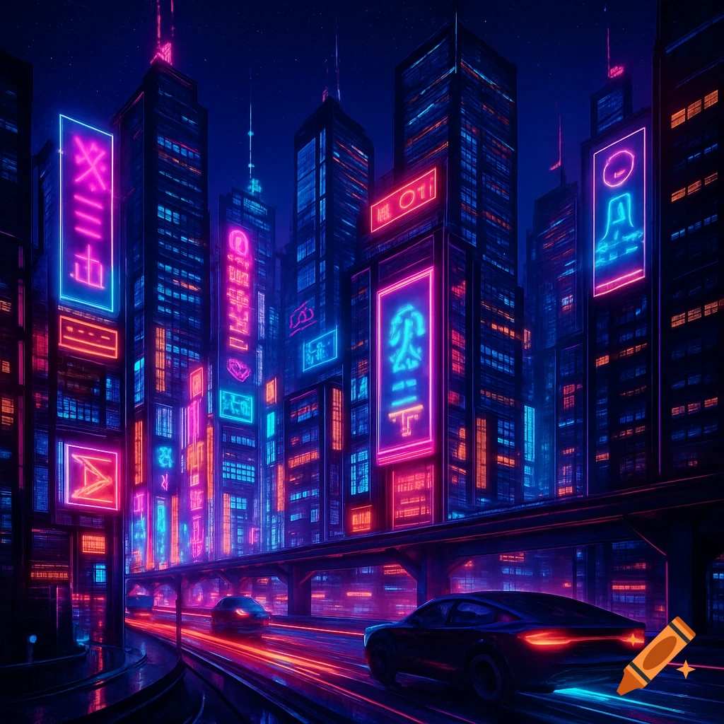 A dark, futuristic city at night, illuminated by vibrant blue, pink, and red neon lights on tall skyscrapers and streets with light trails from cars.