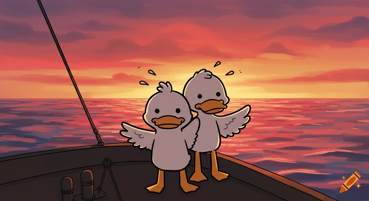 Two cartoon ducks stand on a boat's bow at sunset, wings spread, in a humorous Titanic parody.