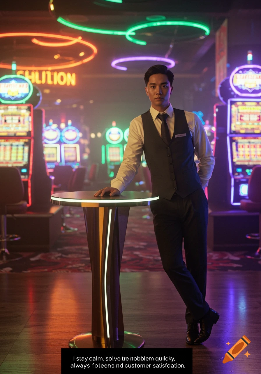 A man in a vest and tie stands confidently by a table in a casino with neon lights and slot machines in the background.
