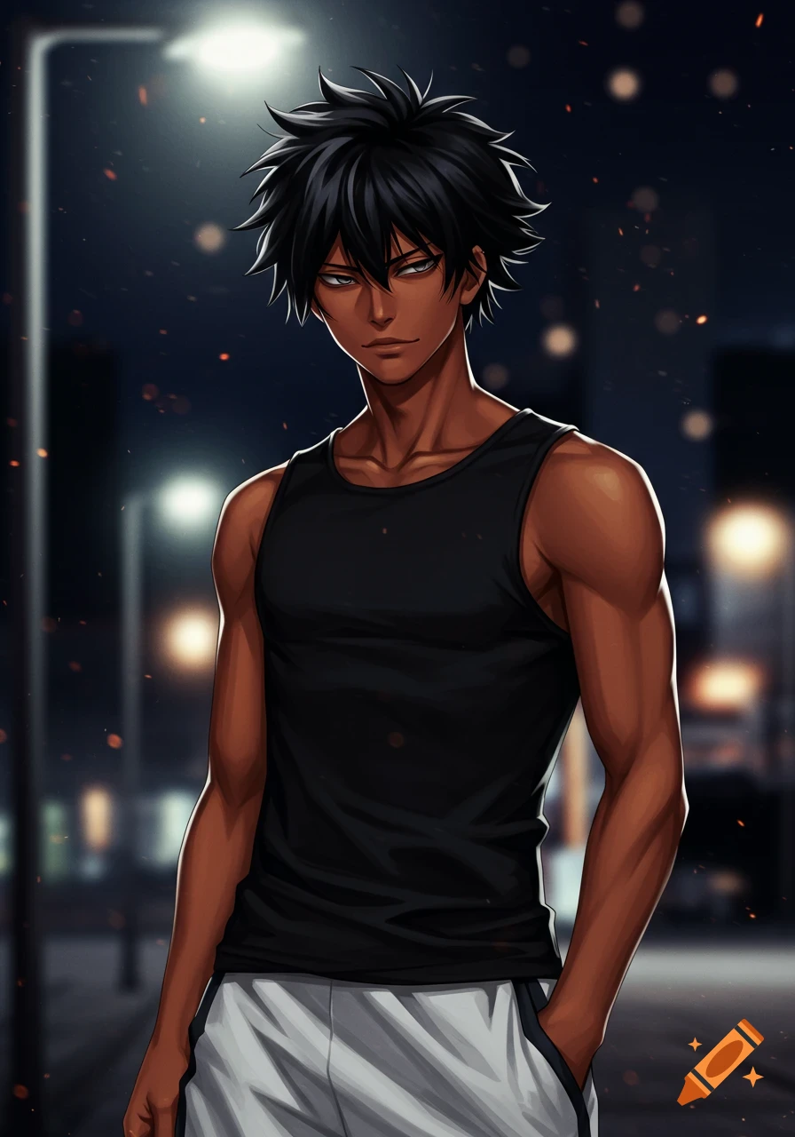 An anime-style dark-skinned male with black messy hair and grey eyes in a black tank top and white shorts stands under a street light at night.