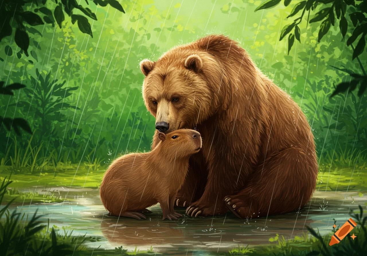 An illustrated brown bear hugs a small capybara as rain falls in a vibrant green forest.