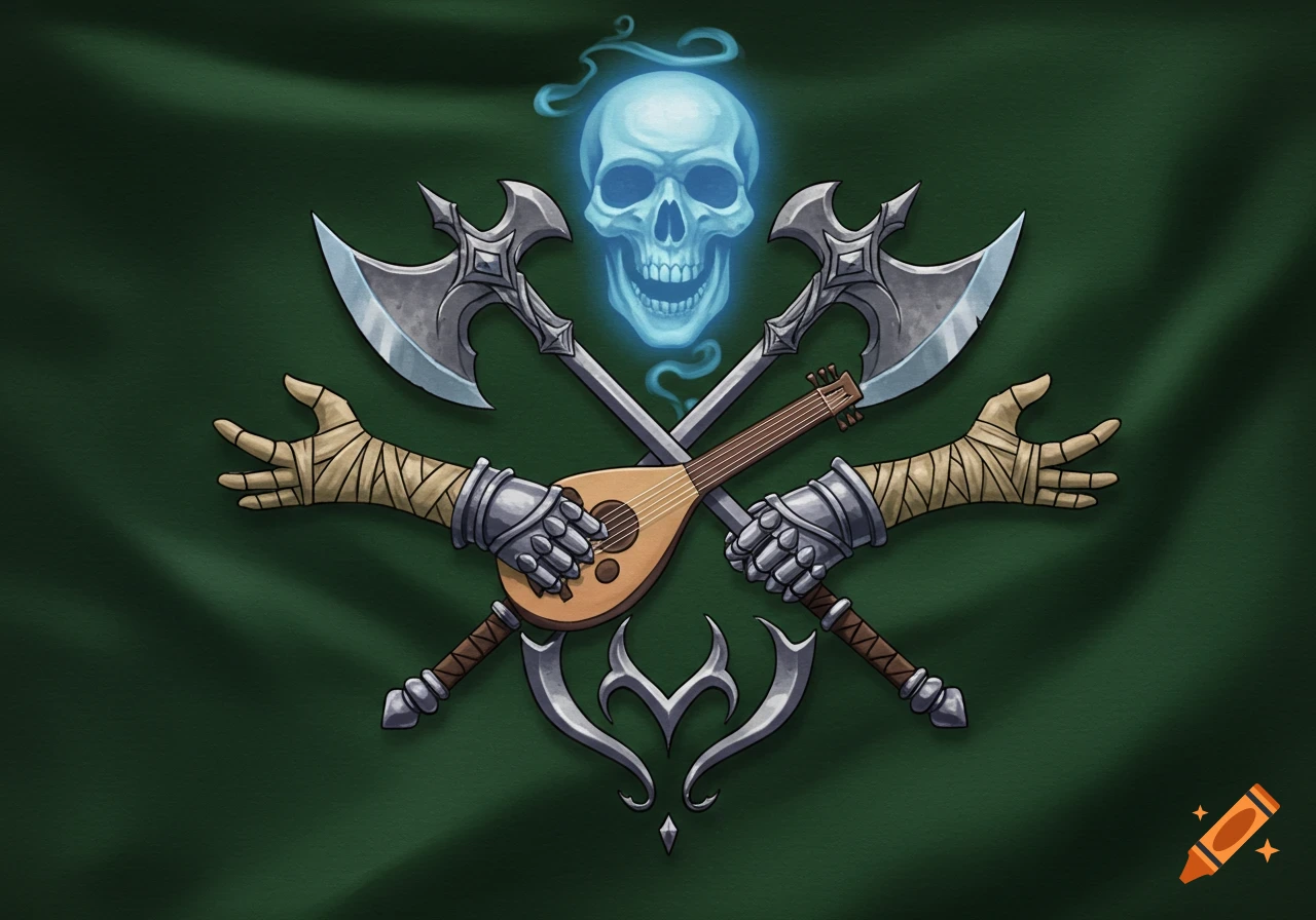 A fantasy flag emblem featuring a glowing blue skull, two crossed axes, and two hands (one bandaged, one armored) holding a lute, all on a dark green background.