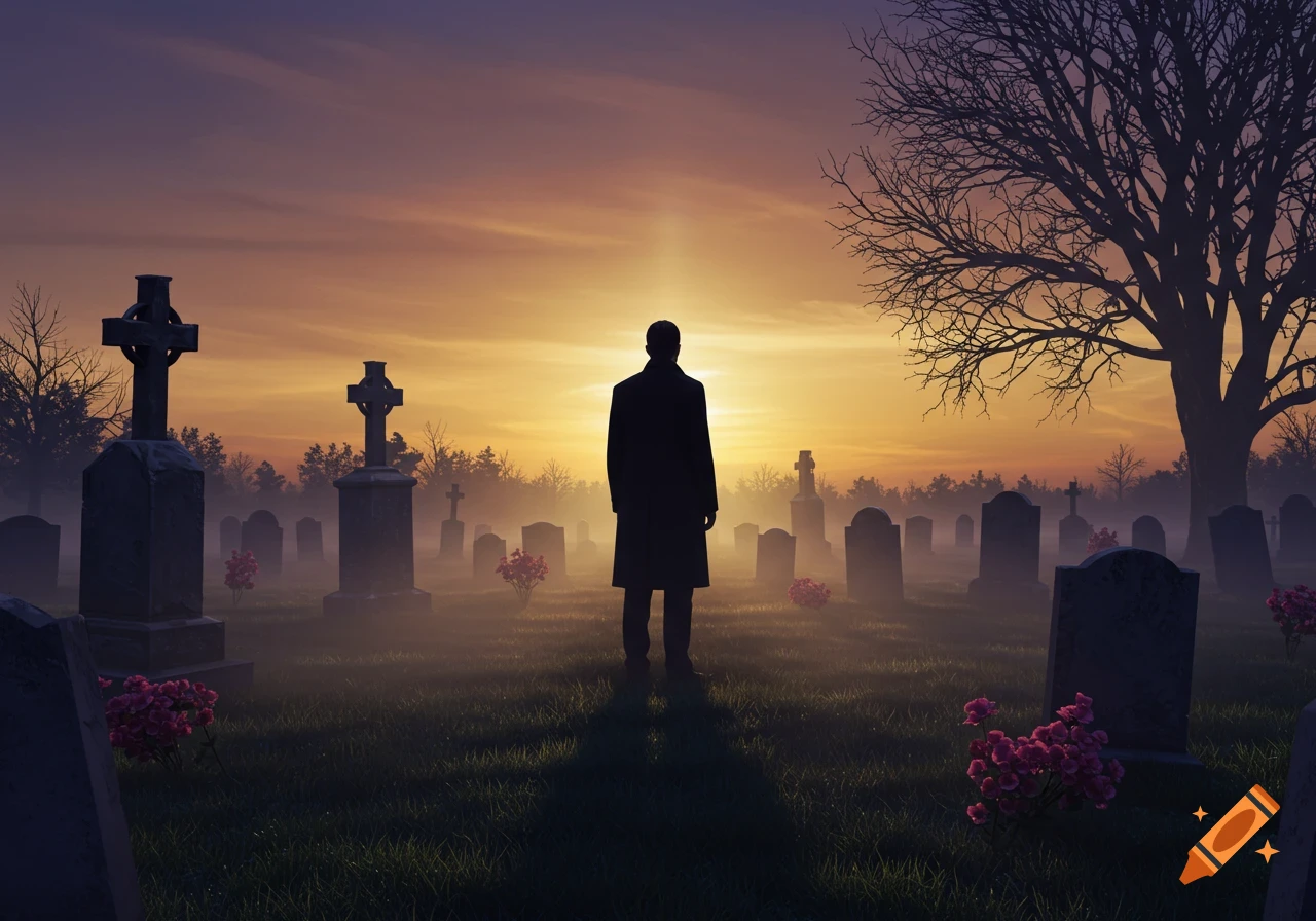 A silhouetted man stands in a misty cemetery at sunset, with gravestones and a large bare tree.