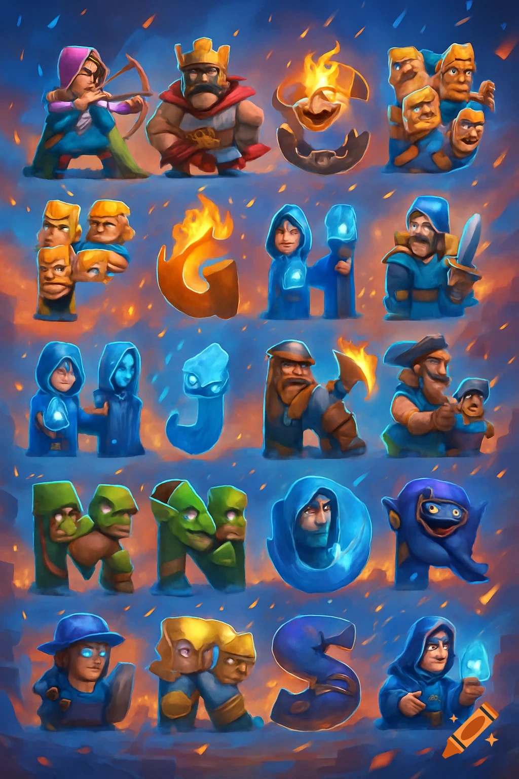 Fantasy characters in the style of Clash Royale, shaped to form letters of the alphabet on a blue and orange background.