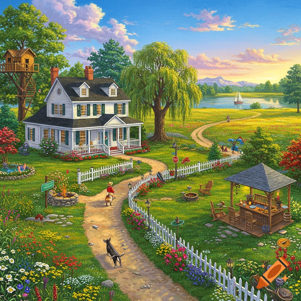 A vibrant, idyllic landscape painting featuring a white house with green shutters, a long winding path, a treehouse, and a lake under a colorful sky.