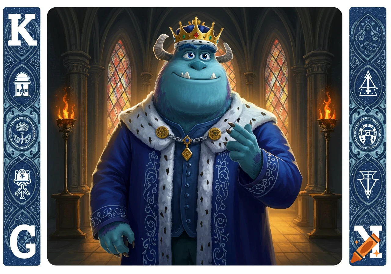 A King of Spades playing card featuring Sulley from Monsters Inc. wearing a blue king's robe and a gold crown, standing in a grand hall.