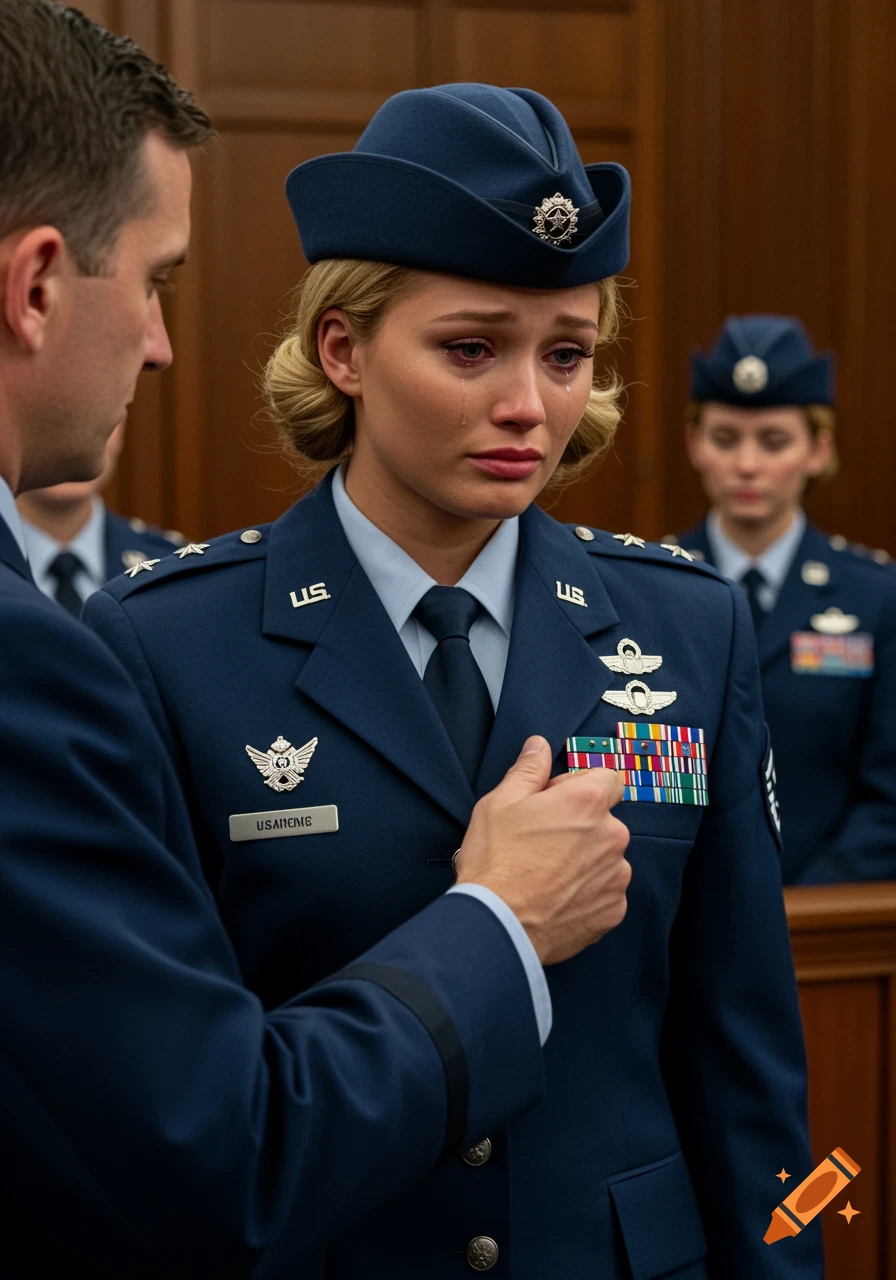 A crying blonde woman in an Air Force uniform in a courtroom, a male officer's hand on her chest.