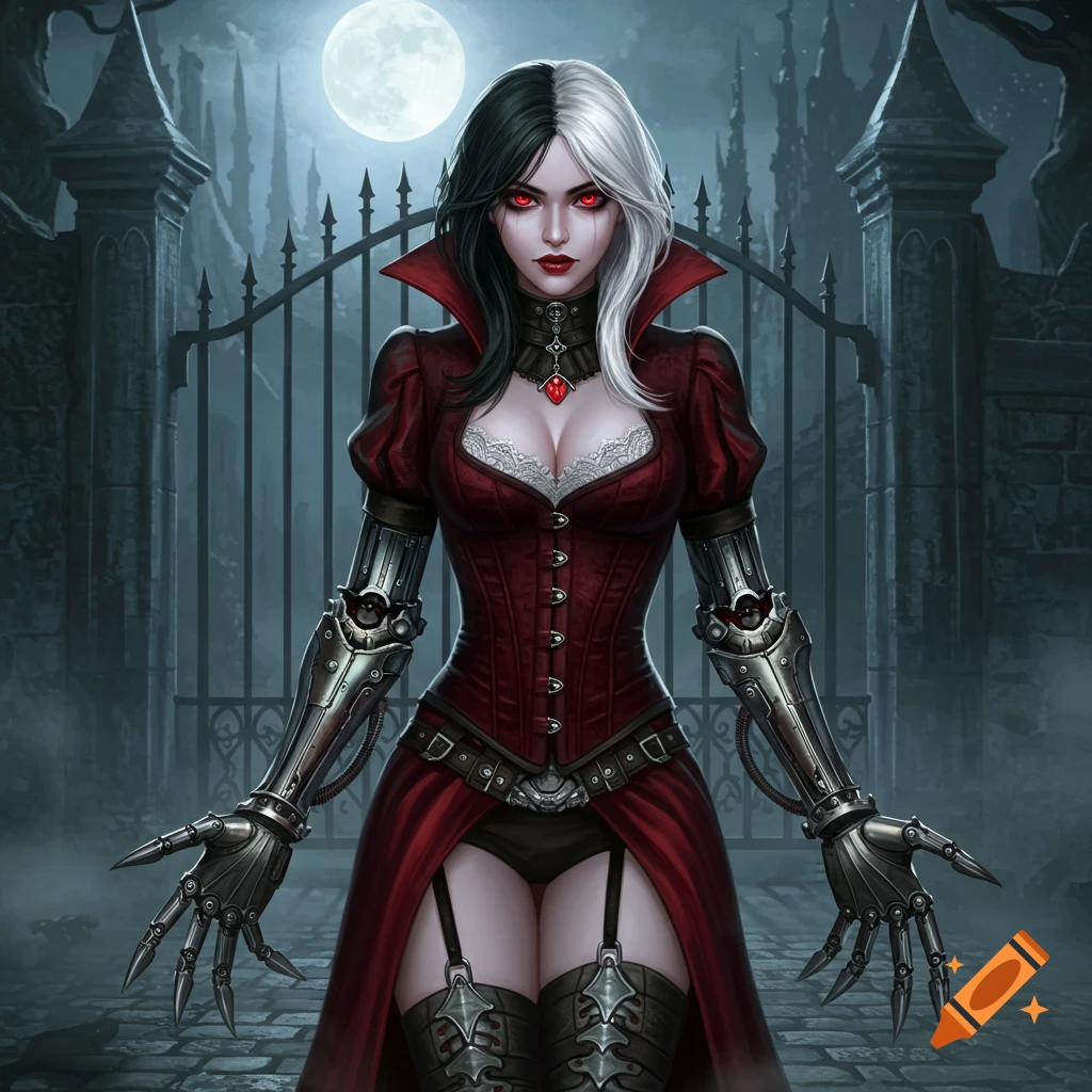 A gothic vampire woman with black and white hair and metal arm prosthetics stands before a moonlit castle gate.