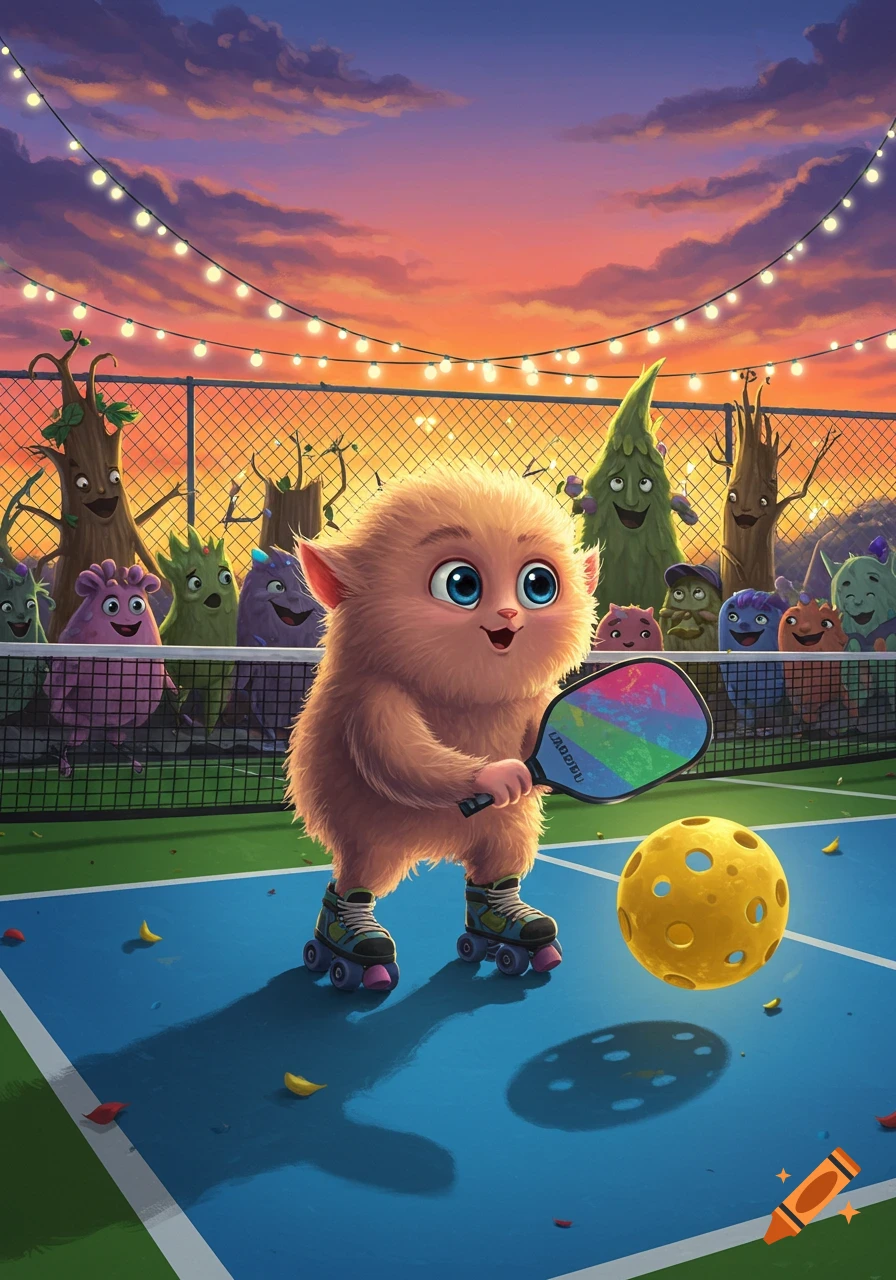 A cute, fluffy cartoon monster on roller skates plays pickleball on a court at sunset, with other cartoon creatures watching.
