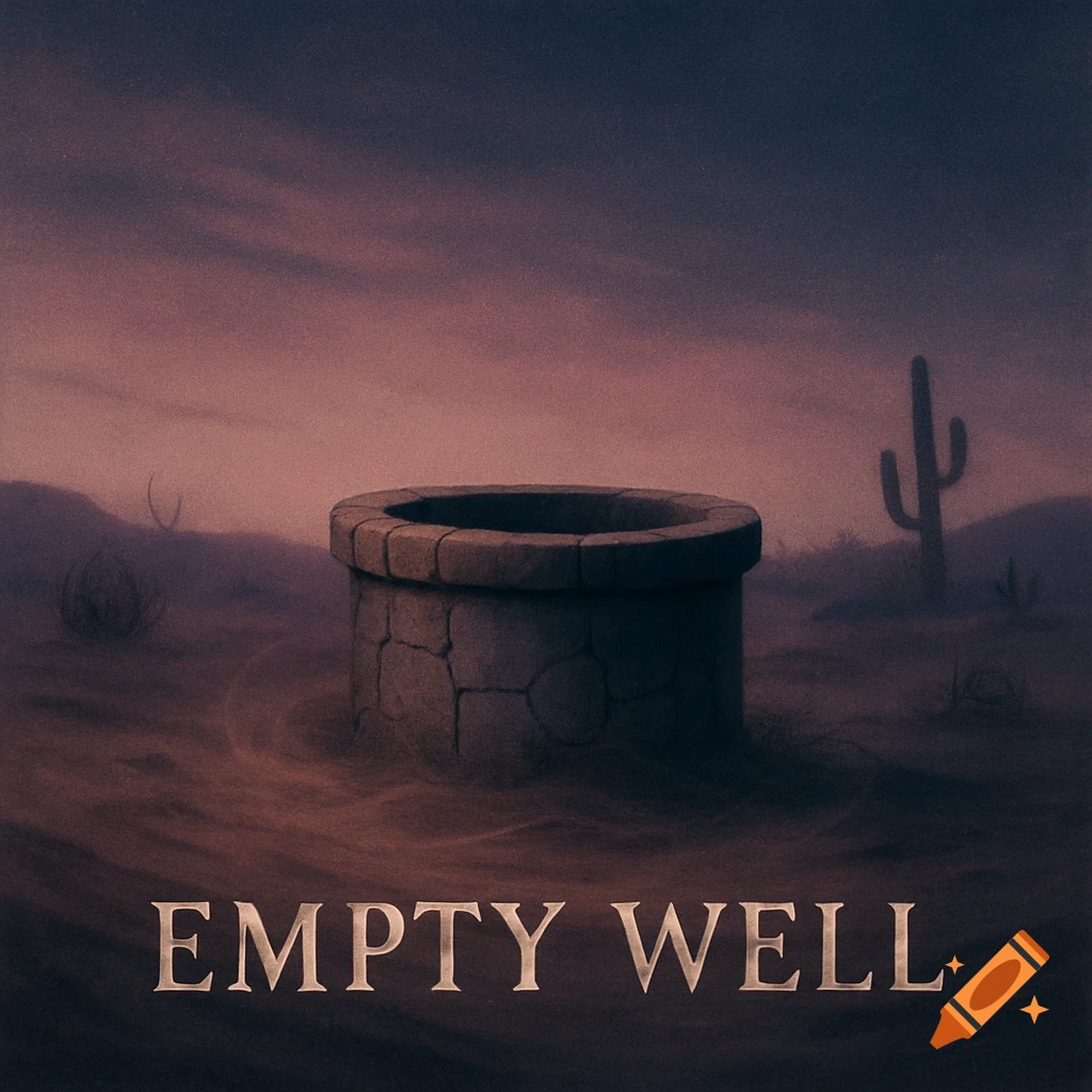 A stone well stands in a desolate desert landscape under a dusky sky, with a cactus on the right. The words 'EMPTY WELL' are at the bottom.