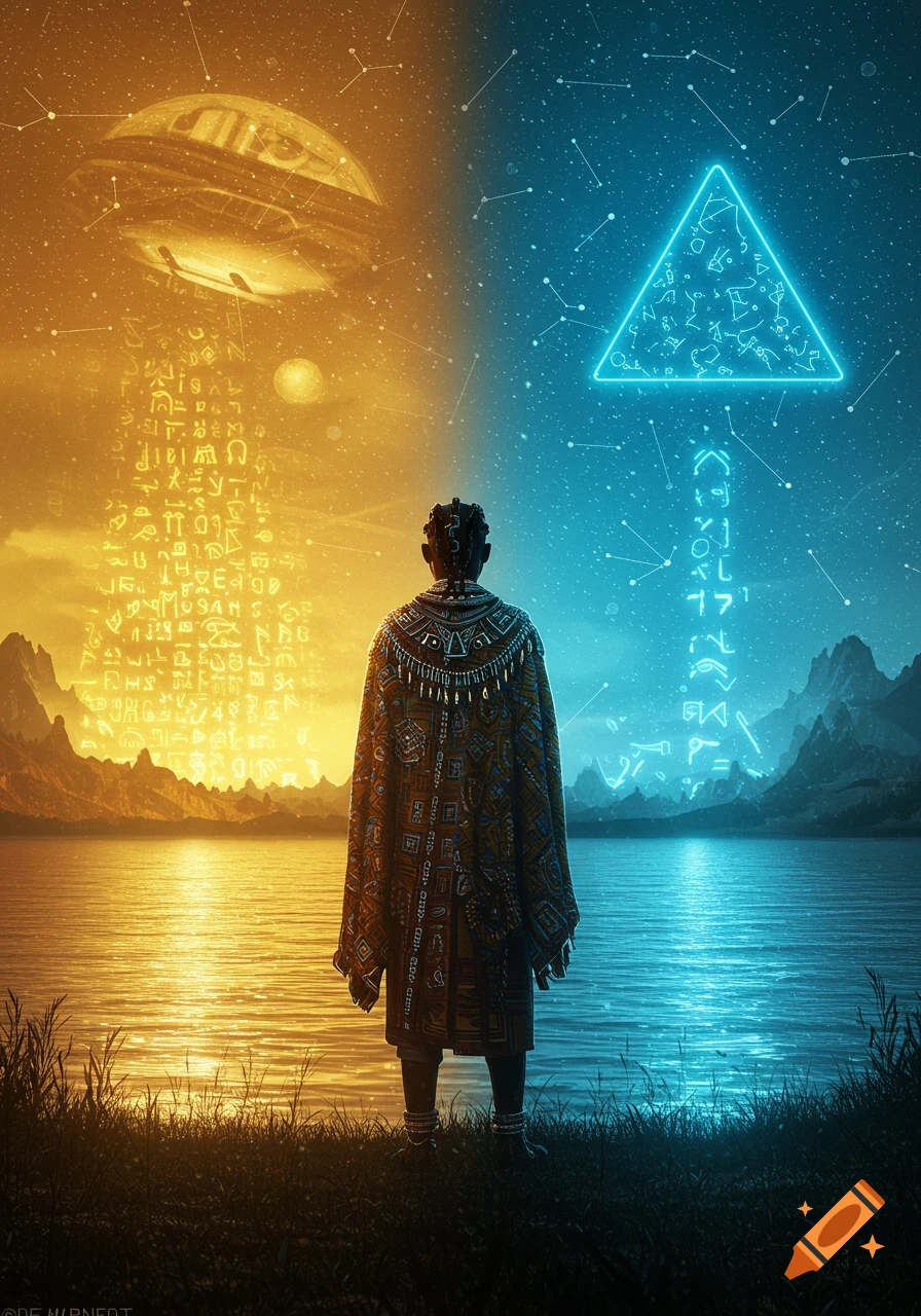 A person in an ornate cape stands by a lake, facing away, looking at a split sky with golden ancient glyphs on one side and blue tech runes and a triangular spaceship on the other.