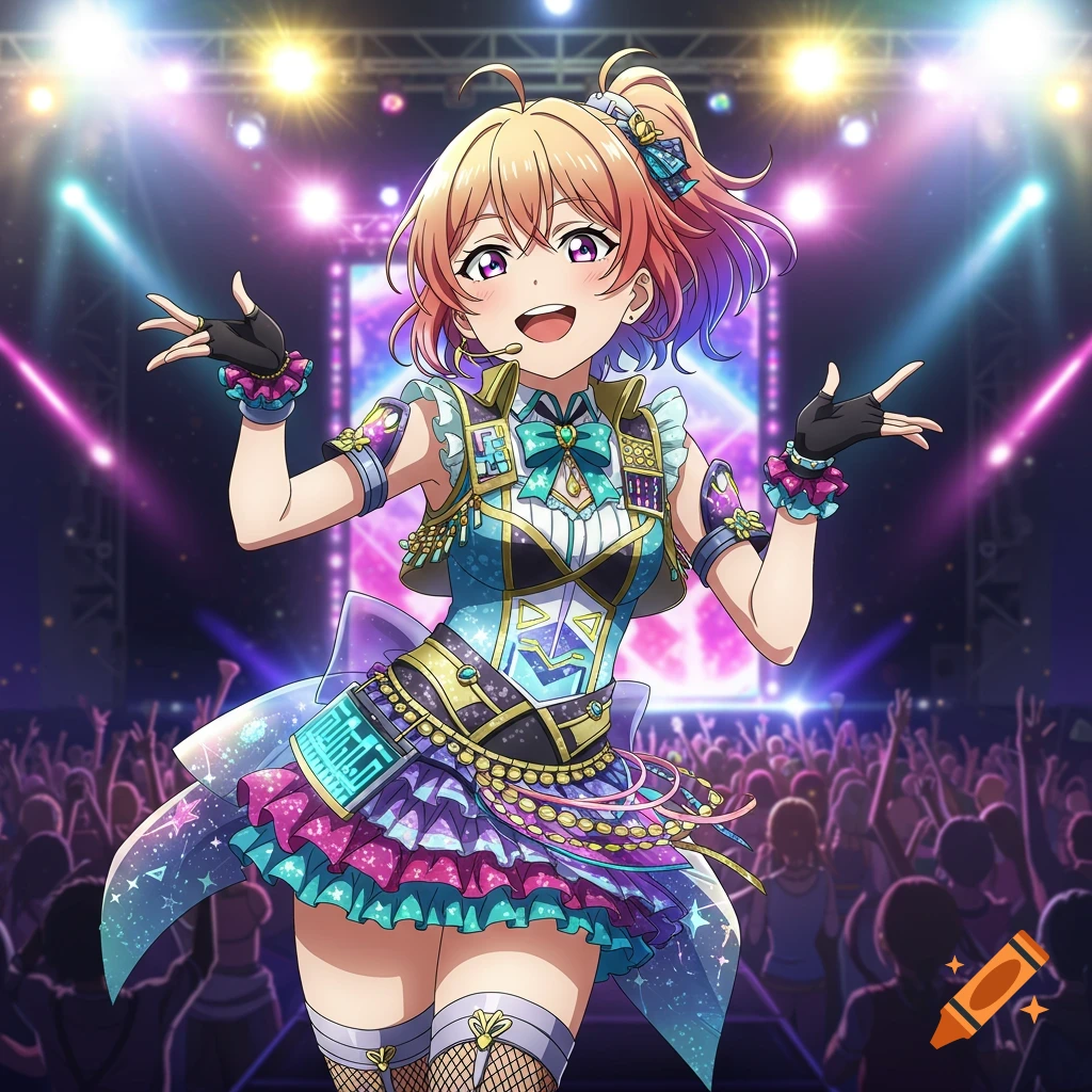 An anime girl with pink hair and a colorful stage outfit performs on a vibrant concert stage with bright lights and a cheering crowd.