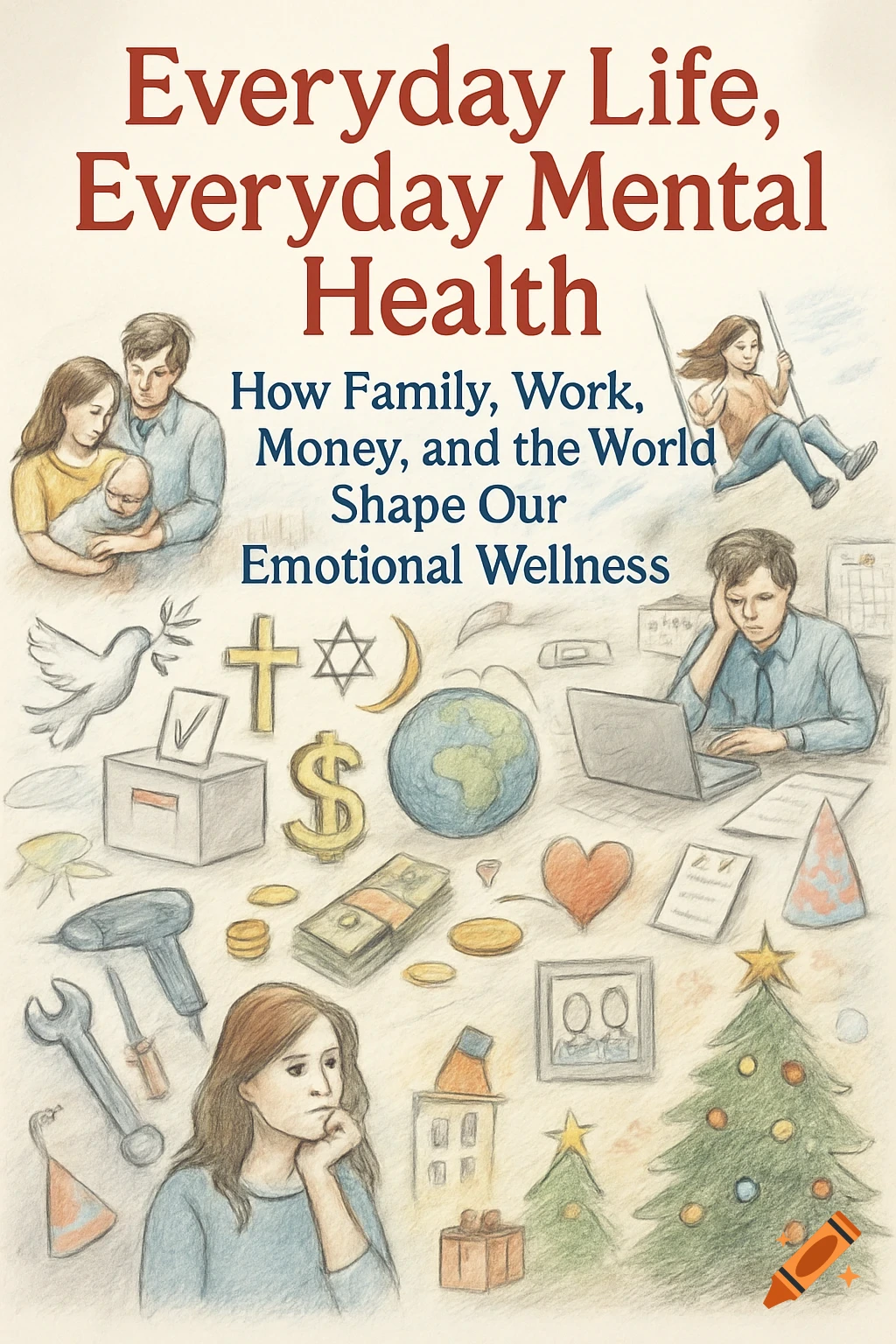 A crayon-style illustration on white, titled 'Everyday Life, Everyday Mental Health', showing doodles of family, work, money, religion, and holiday symbols.