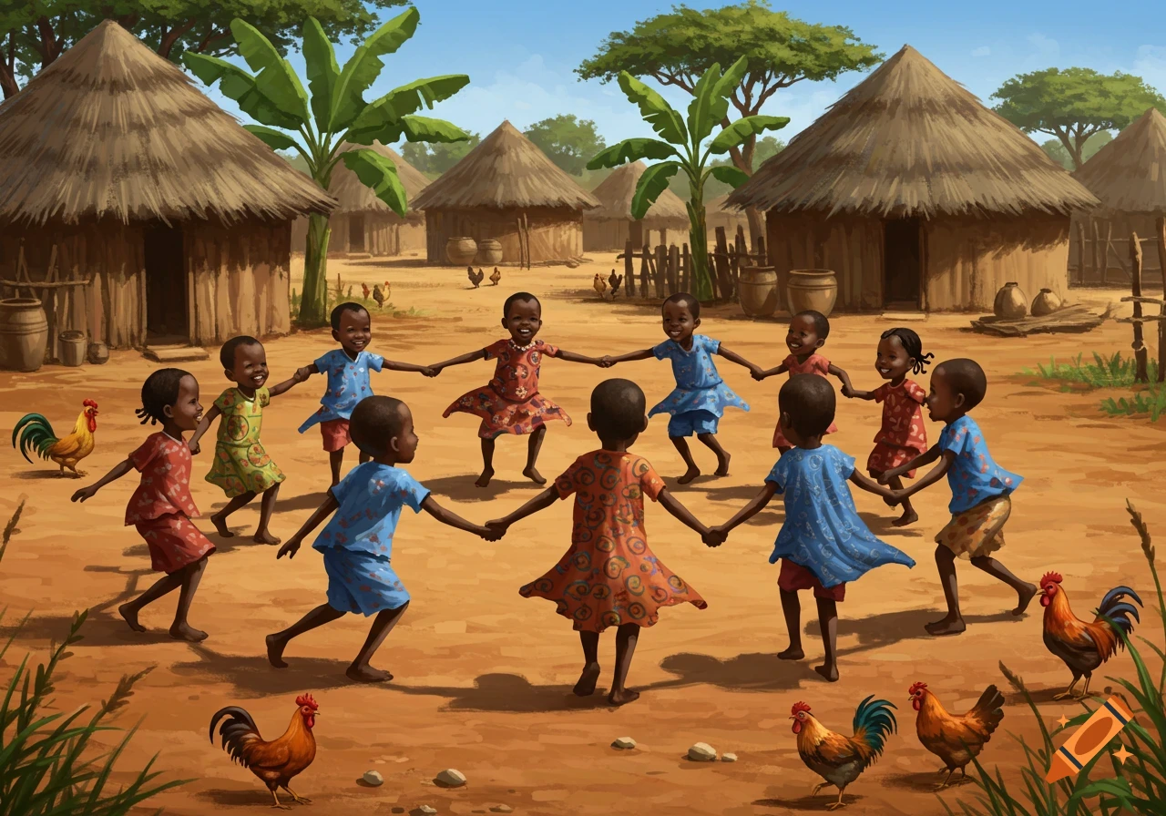 Vibrant illustration of African children dancing in a village with thatched-roof huts and chickens.