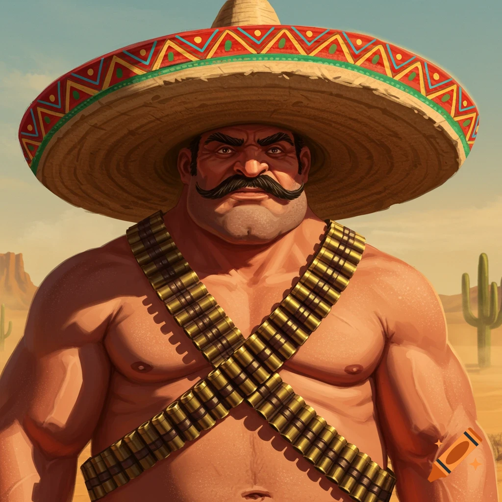 Muscular man with a large mustache and sombrero, wearing bandoliers across his bare chest, in a desert.