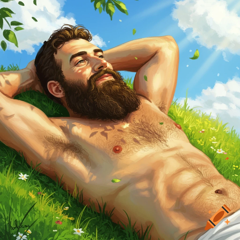 A bearded man lies shirtless in green grass, hands behind his head, looking up at the sunny blue sky. Digital painting.