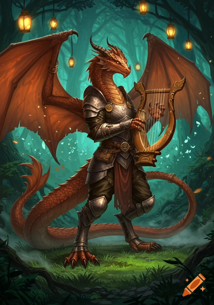 A copper-scaled dragonborn in armor plays a golden harp in an enchanted forest with glowing lanterns, fantasy art style.